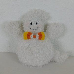 Hallmark Talking Halloween White Ghost Plush 9" High Candy Corn Colors Bow Tie